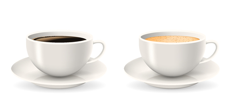 Composition of two coffee cups on saucers. Elements isolated on the white background. Americano, latte or cappuccino coffee.のイラスト素材