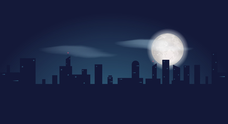 Silhouette of dark city buildings. Night landscape with skyscrapers and fool moon. Vector illustrationのイラスト素材
