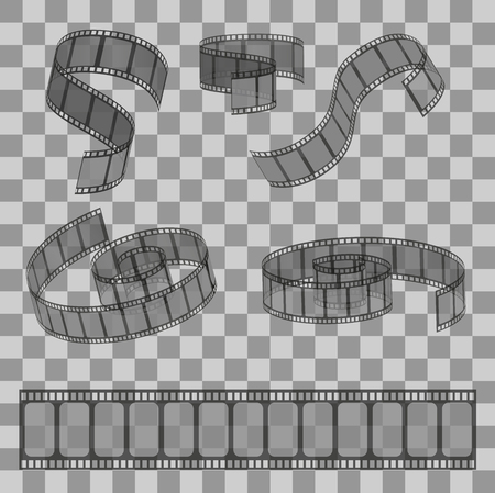Set of rolled filmstrip rolls. Group of realistic movie and cinema elements or objects on the transparent effect background.のイラスト素材