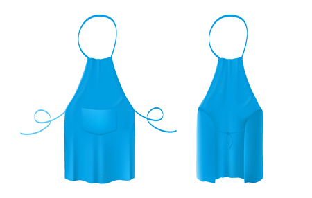 Front and back views of the blank blue kitchen apron with neck strap, waist ties and a pocket.のイラスト素材