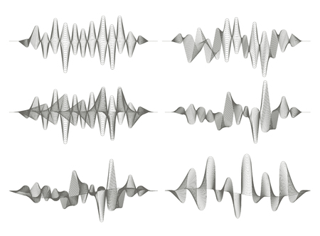 Set of sound waves. Audio equalizer. Musical pulse. Vector music waves. Monochrome illustration on white background.のイラスト素材
