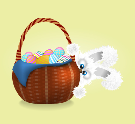 Fluffy easter bunny is looking out. Wicker basket full of decorated and painted easter eggs. Vector illustration. Cartoon animal character.のイラスト素材