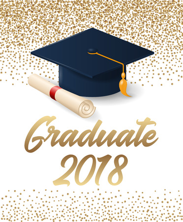Class of 2018 graduation poster with hat and diploma scroll. Can be used for invitation, banner, greeting card, postcard. Vector graduate template.のイラスト素材