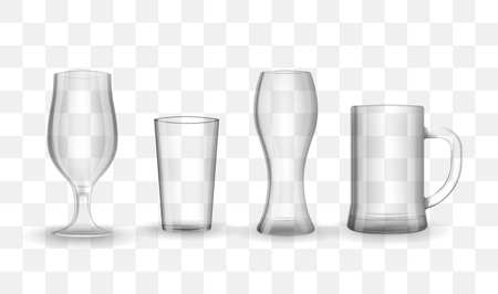 Set of photo-realistic transparent beer and water glasses, mugs and goblets. Vector illustration on checkerboard background.のイラスト素材