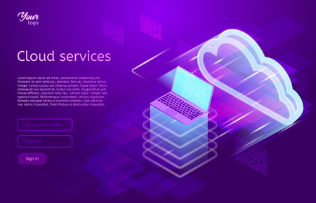 Isometric vector illustration showing the cloud computing services concept laptop and web servers. Cloud data storage.  Ultraviolet colors. Abstract tech backgroundのイラスト素材