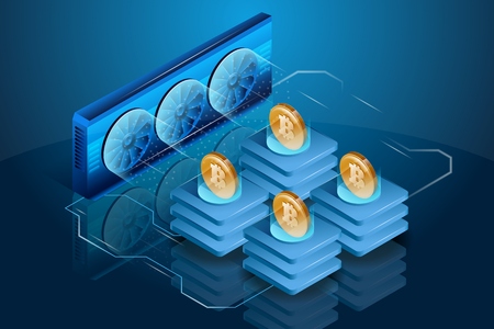 Cryptocurrency mining equipment or farm. Blockchain system and technology. Isometric vector illustration in ultraviolet colors. Bitcoin electronic money.のイラスト素材