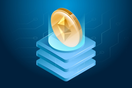 Ethereum cryptocurrency. Digital or electronic money. Blockchain technology and mining process. Isometric vector illustration in ultraviolet colors.のイラスト素材