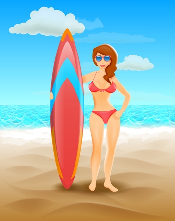 Surfer girl on a beach. Woman with surfboard. Summer tropical vacation. Cartoon character illustrationのイラスト素材