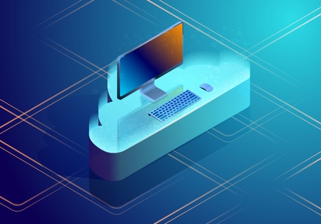 Cloud data storage abstract concept. Isometric vector illustration depicting a personal computer on the cloud. Online data hosting and backup.のイラスト素材