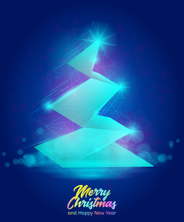 Christmas Greeting Card. Vector illustration demonstrating abstract christmas tree on the blue background. Picture with Merry Christmas and Happy New Year greeting text. Winter season poster.のイラスト素材