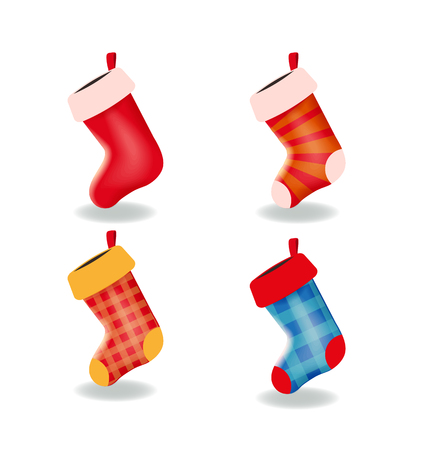 Set of the empty Christmas stockings isolated on the white background. Collection of different long socks for gifts and presents. Vector illustration for Christmas and New Year design.のイラスト素材