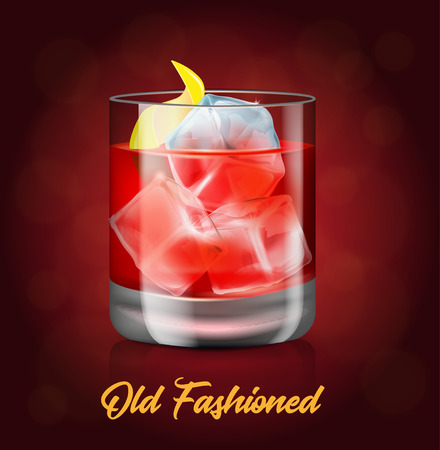 The glass of old-fashioned cocktail on the red background.Vector illustration of an alcoholic drink. Hard beverage with a bitters, whiskey, small piece of ice and piece of lemon peel.のイラスト素材