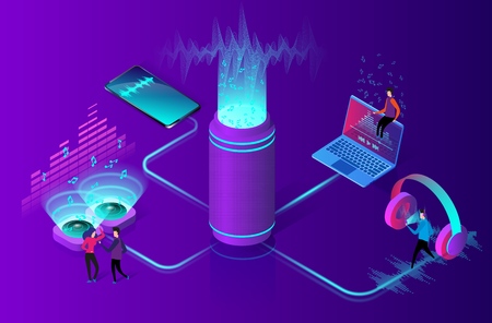 Online music streaming concept. People listens to music on a computer, smartphone and other devices. Wireless sound stream technology. Flat isometric vector illustration.のイラスト素材