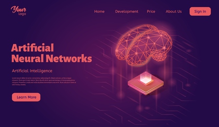 Artificial neural networks landing web page template. Brain and computer chip concept.のイラスト素材