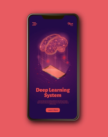 Deep learning system landing web page template. Bran and smartphone concept. Machine learning structure. Artificial intelligence isometric vector illustration.のイラスト素材