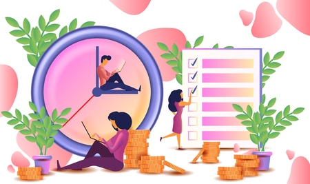 Time management concept planning, organization, working time. Vector illustration with characters, clock and checklist. Can use for web banner and infographicsのイラスト素材