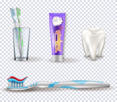 Set of the dental items. Collection of the tooth brushing objects on the transparent background.のイラスト素材