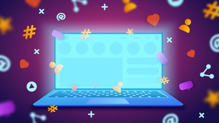 SMM design concept. Flat vector illustration showing a laptop and digital marketing icons.のイラスト素材