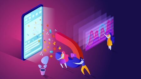 Team analyze charts, promote and get conversions from social networks. Isometric SMM vector illustration.のイラスト素材