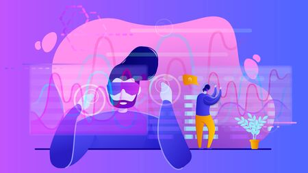 Man in AR glasses works with graphs and charts. Augumented reality concept.のイラスト素材