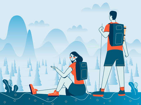 Hikers man and woman look at the valley and mountains in the distance.のイラスト素材