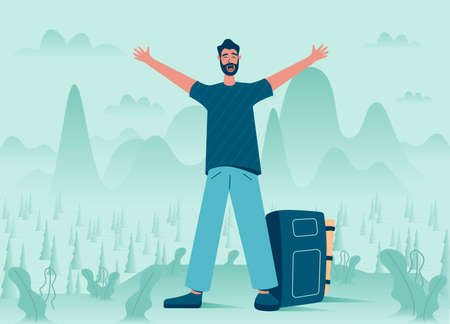 Hiker man with backpack on the top of a mountain. Vector illustrationのイラスト素材