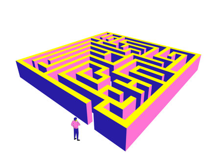 Isometric labyrinth. Businessman looking at the entrance of the maze.のイラスト素材