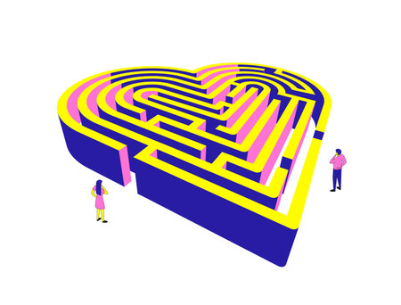 Maze in the shape of a heart. A man and a woman at opposite ends of a heart-shaped labyrinth.のイラスト素材