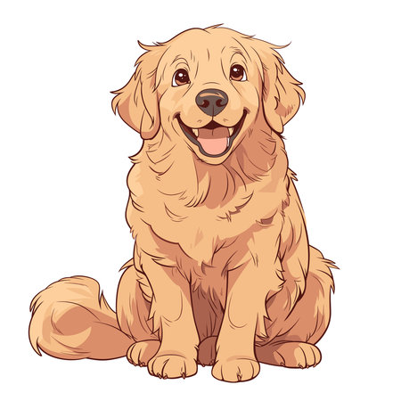 This is a vector image of a cartoon illustration of a happy golden retriever dog sitting with its mouth open and tongue out, looking upwards. The dog is drawn in a simple, stylized manner with a white background.のイラスト素材