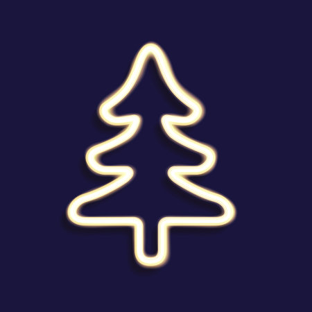 A simple, glowing outline of a stylized Christmas tree in warm yellow neon tubing against a dark navy blue background, suggesting a festive, modern decoration.のイラスト素材