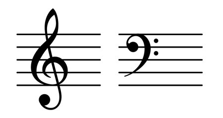 A treble clef sits on the left staff while a bass clef sits on the right staff. Vector illustration