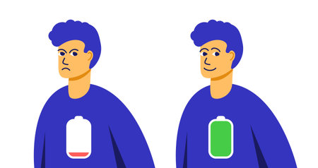 Two men stand side by side with low and full battery icons. Vector illustration