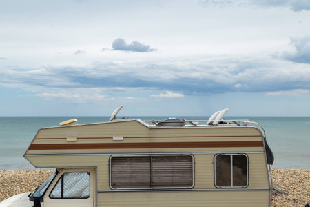 Retro Caravan on the Beach and Sea, Summer Vacationの写真素材