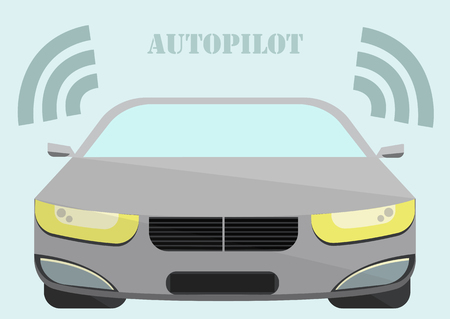 Car moving without a driver on light blue background with simple text Autopilotのイラスト素材