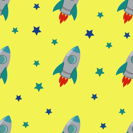 Cartoon rocket with stars on yellow background. Seamless Pattern.のイラスト素材
