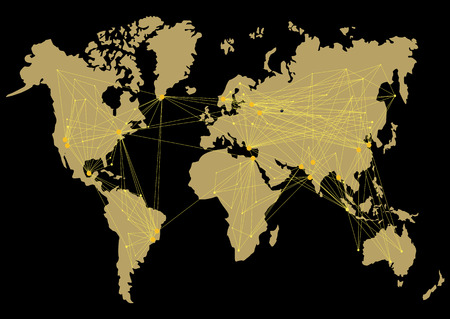 World map with routes between countries. Black, yellow colors.のイラスト素材