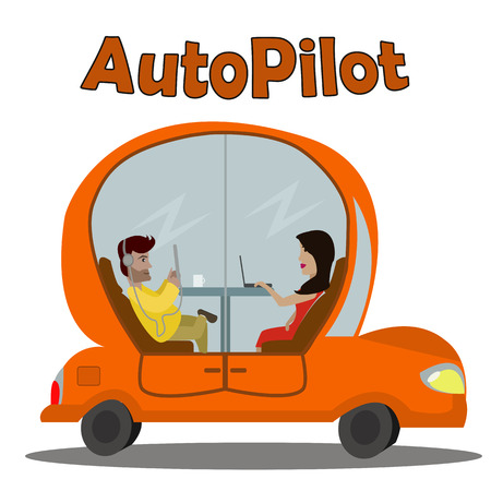 A cartoon orange car with passenger in it moving without a driver isolated on white background with simple textのイラスト素材