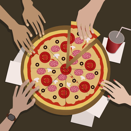 The company of friends eats pizza.On image we see thier hands.のイラスト素材