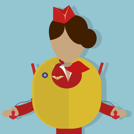 The Stewardess shows the safety demonstration: how to use the 
life vest. Vector illustrationon on  blue backgroundのイラスト素材