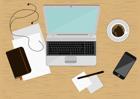 Realistic workplace organization. Top view with wood textured table, laptop, smartphone, headphones, diary, paper with a pen and cup of coffee. Work desk for office with stationery elements on the table.のイラスト素材