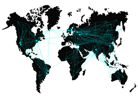 World map with routes between countries. Black, blue colors. Isolated on white backgroundのイラスト素材