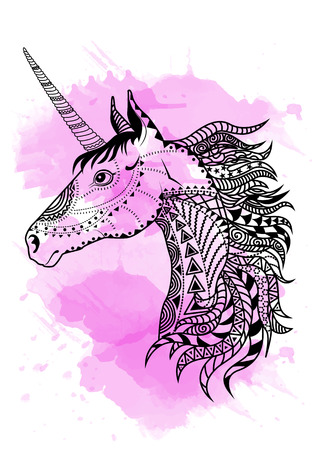 Line art hand drawing black unicorn isolated on white background with pink watercolor blots. Doodle style. Tatoo. Zenart. Zentangle.Coloring for adults.のイラスト素材