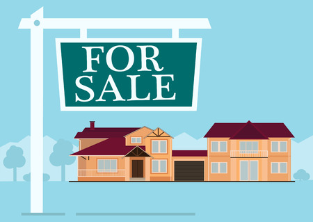 For sale sign in front of cute house in flat building style. Background in blue pastel colors. country views with trees and shrubs. vector illustration for real estate purchaseのイラスト素材