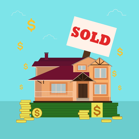 Cute cartoon house for sale or rent in flat building style staying on money.のイラスト素材