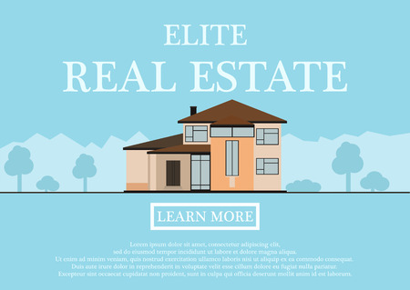 Vector illustration of cute houses for rent or sale in flat building style. background with blue pastel colors. country views with trees and shrubs. Banner for a website selling luxury real estateのイラスト素材