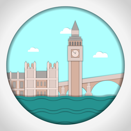 Paper applique style vector illustration. Card with application of Big Ben Tower and Westminster Palace. London.Postcard.のイラスト素材