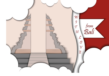 Paper applique style vector illustration. Card with application of Temple of Lempuyang, Bali decorated with text from Siberia with love. Postcardのイラスト素材