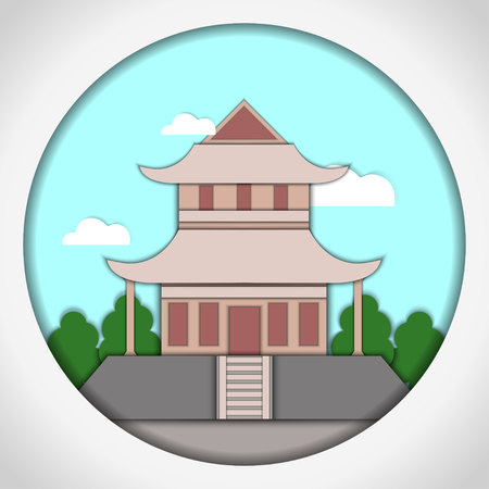Paper applique style vector illustration. Card with application of Japanese pagoda. Postcard.のイラスト素材