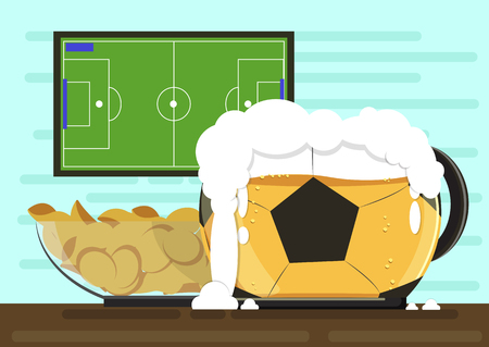Mug in the form of soccer ball with foam kraft beer and a plate of crispy potato chips.Against the backdrop of the TV screen with the broadcast of football championship.Flat style Vector illustrationのイラスト素材