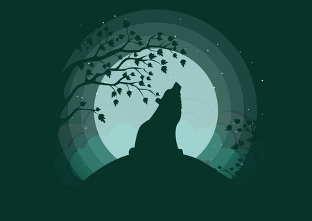 Silhouette of a wolf howling to the moon. Clubs of fog, clouds, starry sky, outlines of trees. Stylish vector illustrationのイラスト素材